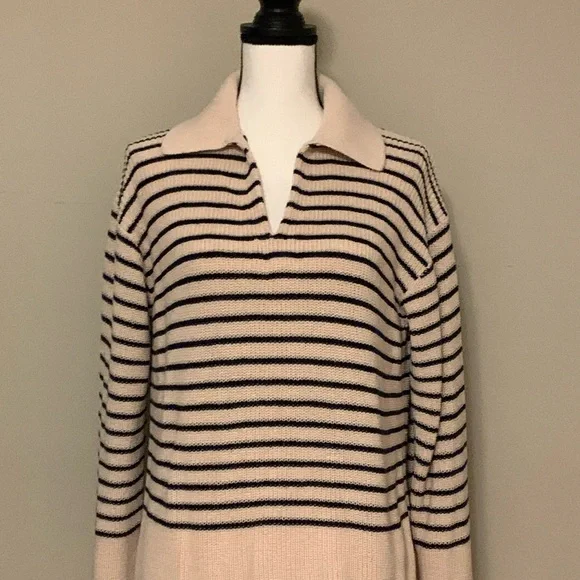 J. Crew Cream and Black Striped V-Neck Sweater size large euc - Picture 1 of 6